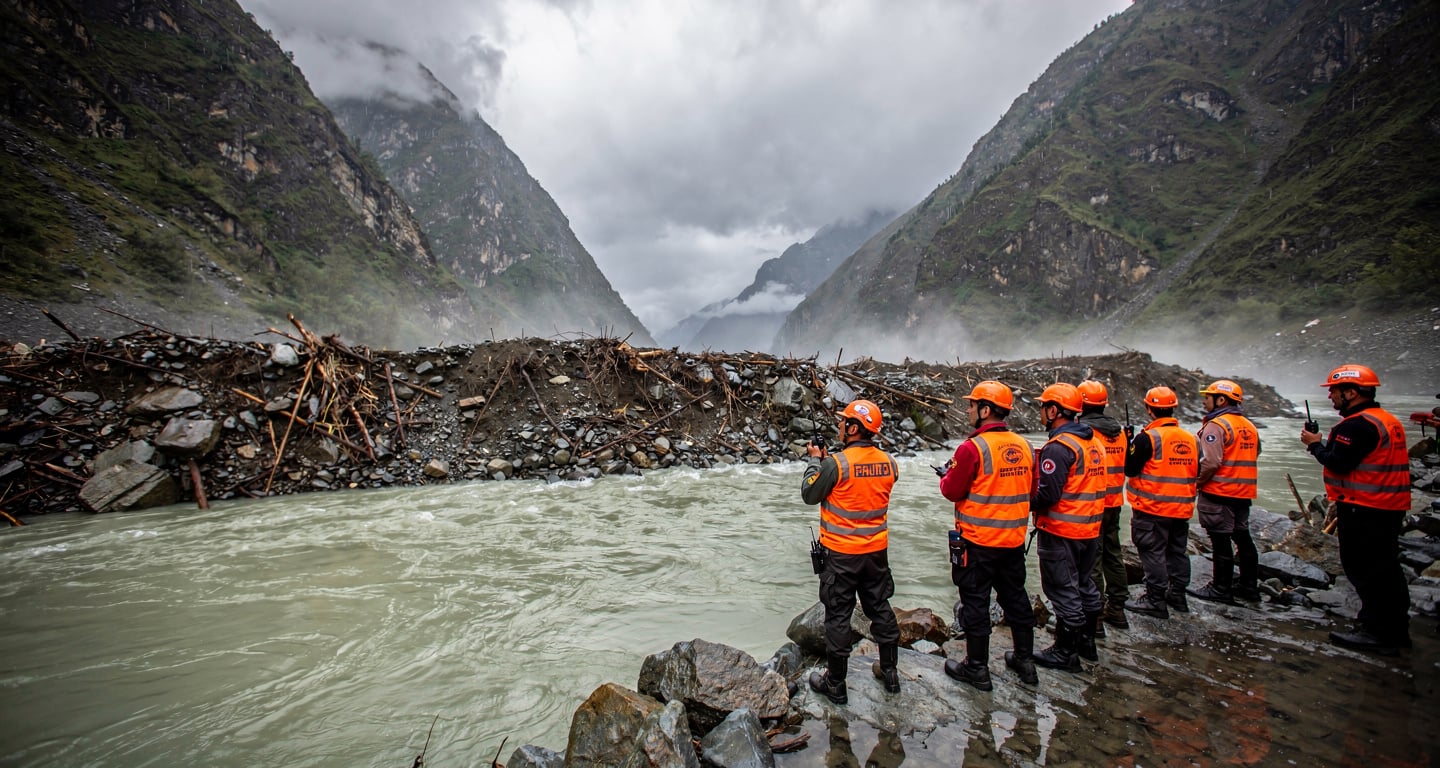 Rescue workers at debris-dammed barrier lake in Nepal-Tibet border Himalayan valley, monsoon conditions