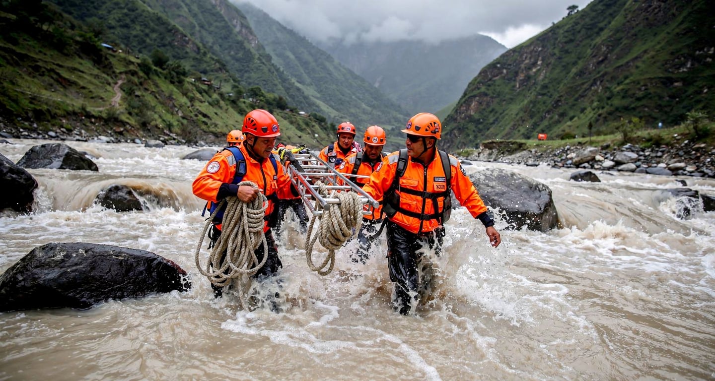 Rescue workers hauling equipment through flooded Himalayan river valley in Rasuwa district, Nepal