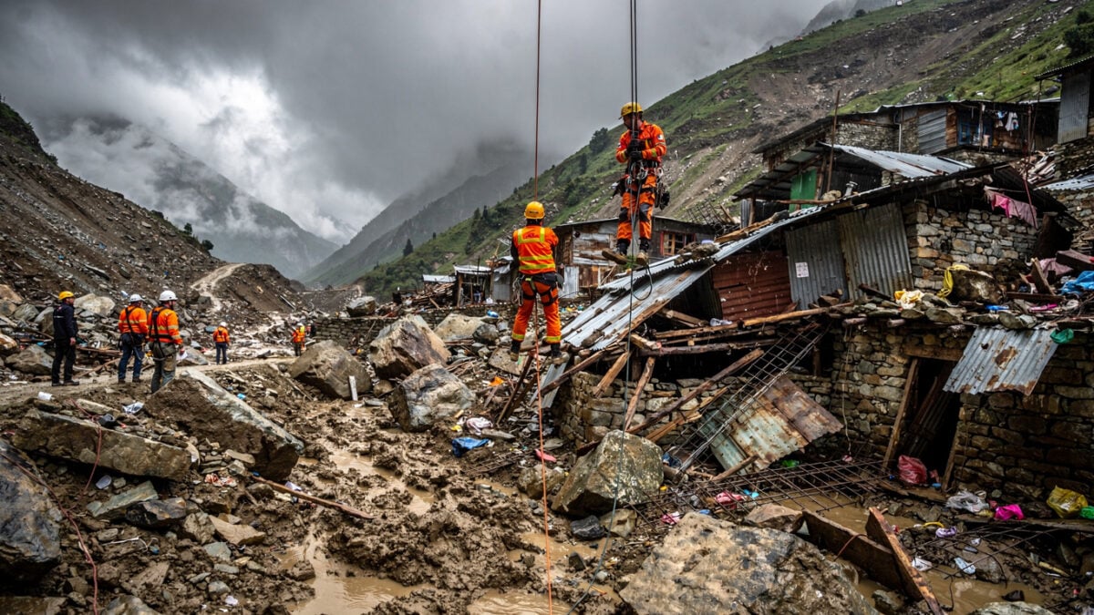 Rescue workers rappelling down debris-scarred Himalayan valley searching destroyed homes after glacier flood