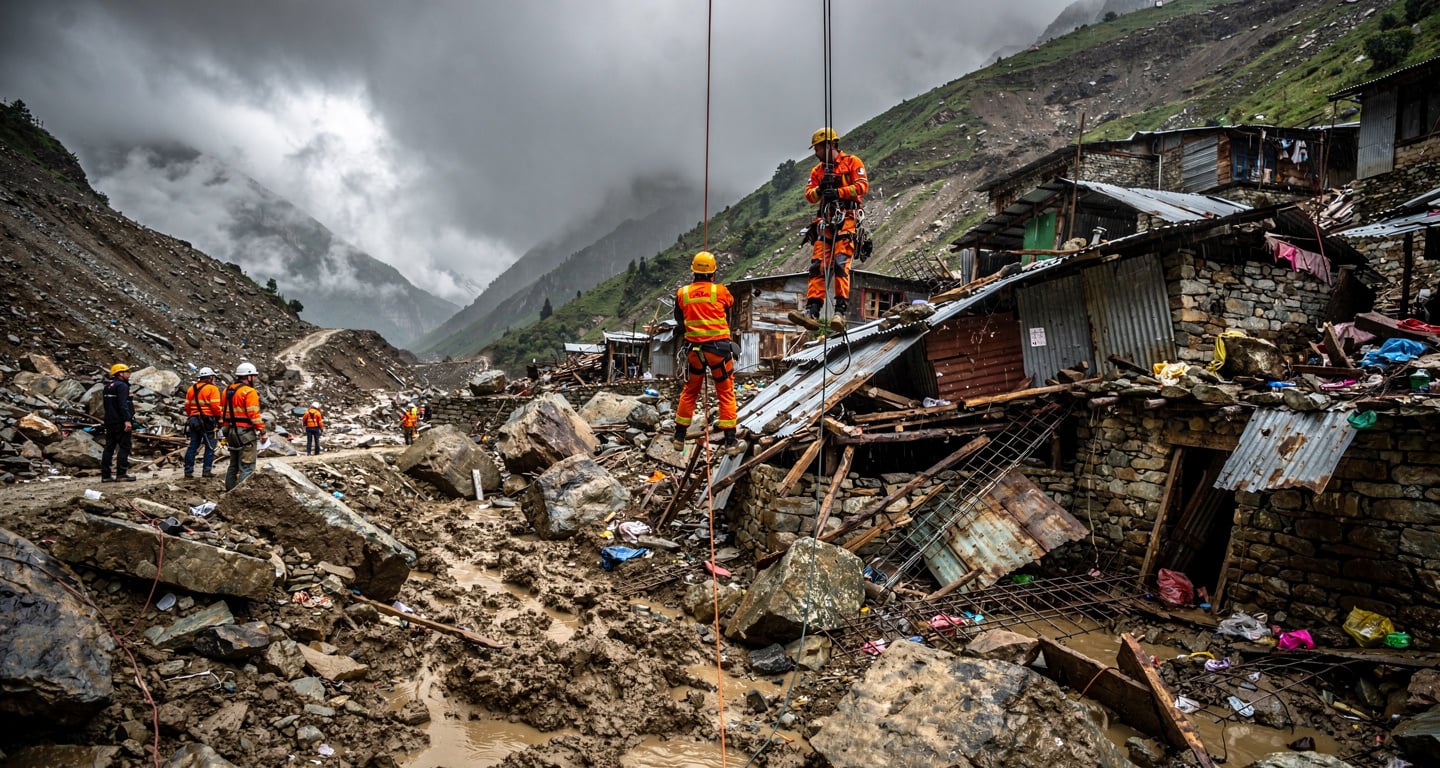 Rescue workers rappelling down debris-scarred Himalayan valley searching destroyed homes after glacier flood