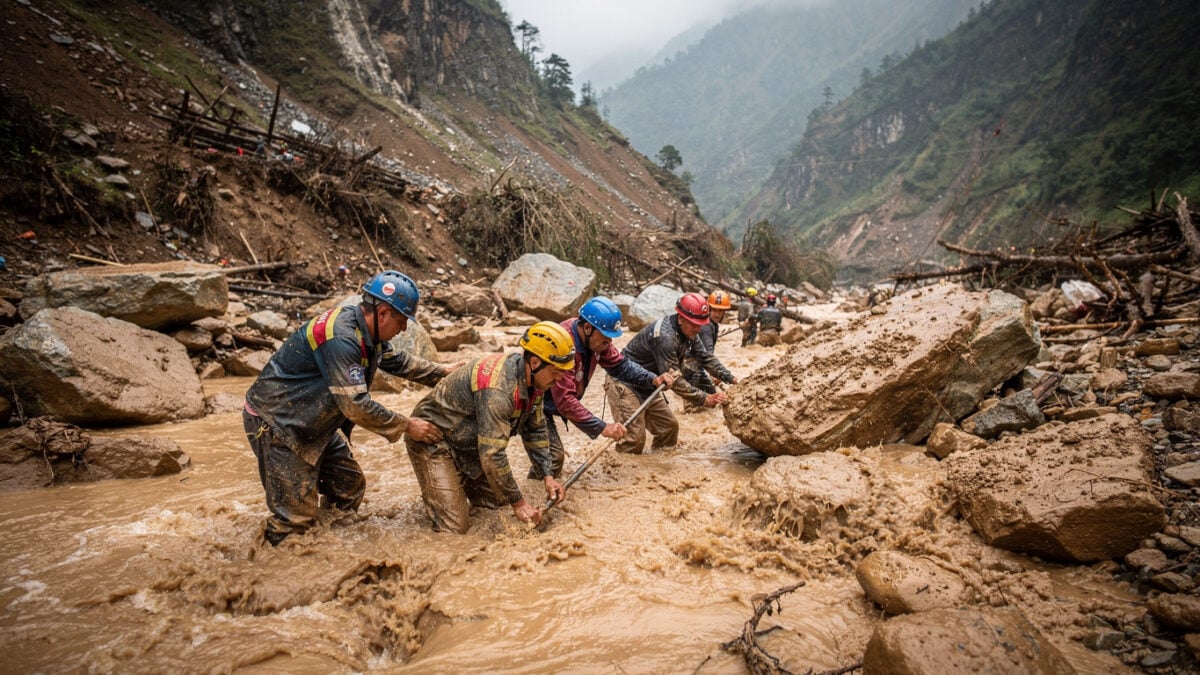 Rescue workers searching through debris in flood-ravaged Bhotekoshi River valley, Rasuwa district, Nepal