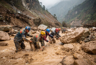 Rescue workers searching through debris in flood-ravaged Bhotekoshi River valley, Rasuwa district, Nepal