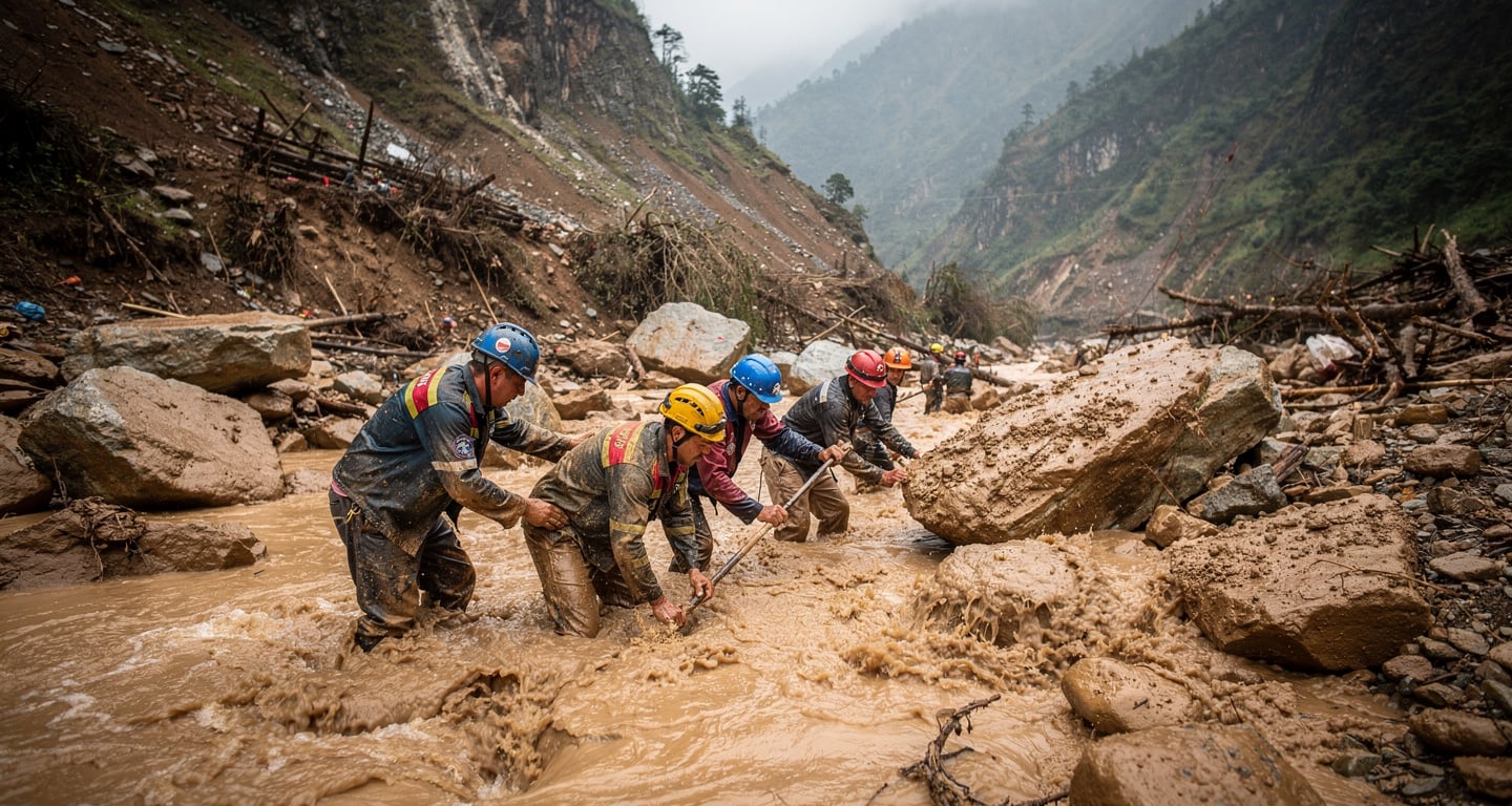 Rescue workers searching through debris in flood-ravaged Bhotekoshi River valley, Rasuwa district, Nepal