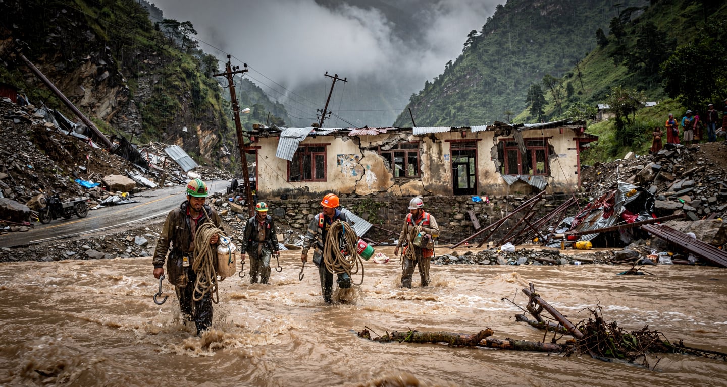 Rescue workers wading through floodwater in Himalayan valley with destroyed customs buildings, Rasuwa district