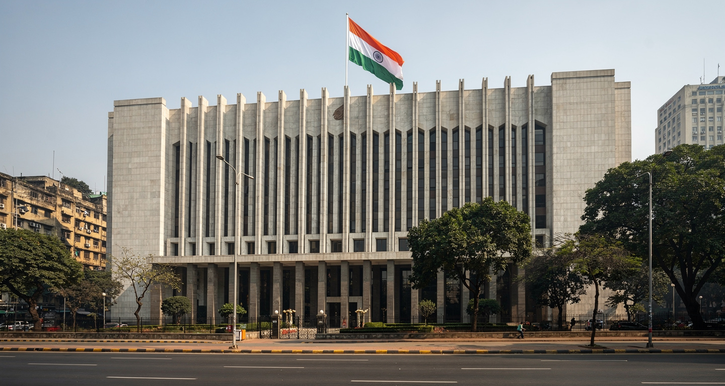 Reserve Bank of India headquarters in Mumbai with Indian flag