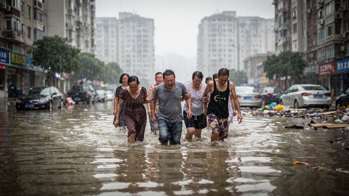 Residents wading through floodwater on Beijing street during heavy rainfall, apartment buildings in background