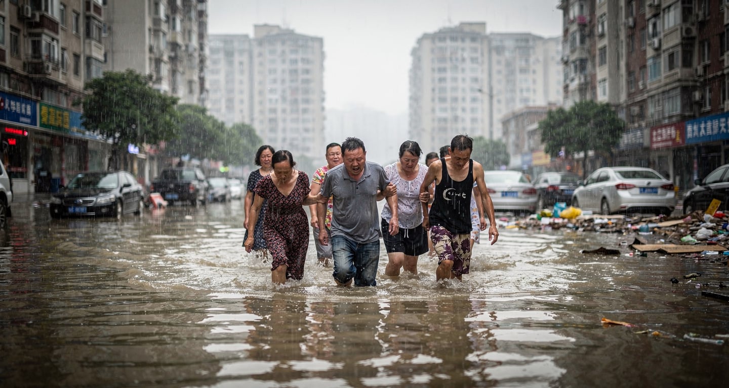 Residents wading through floodwater on Beijing street during heavy rainfall, apartment buildings in background