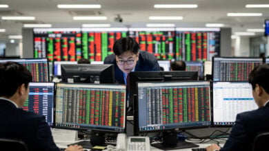 Seoul traders watching stock tickers spike on screens, dealing room, overhead lighting