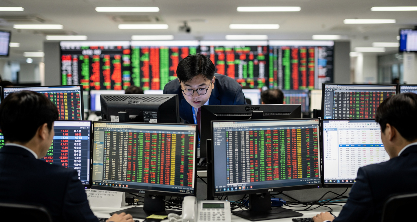 Seoul traders watching stock tickers spike on screens, dealing room, overhead lighting