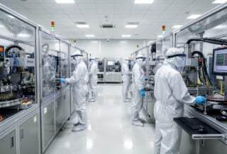 SK hynix semiconductor fabrication engineers monitoring wafer production in Icheon cleanroom facility