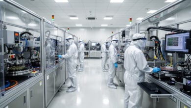SK hynix semiconductor fabrication engineers monitoring wafer production in Icheon cleanroom facility