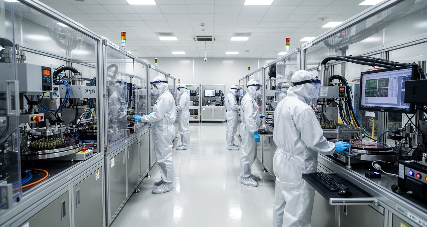 SK hynix semiconductor fabrication engineers monitoring wafer production in Icheon cleanroom facility
