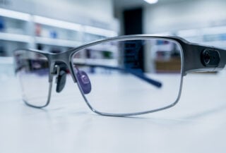 Smart glasses with embedded camera lens on desk, close-up detail shot