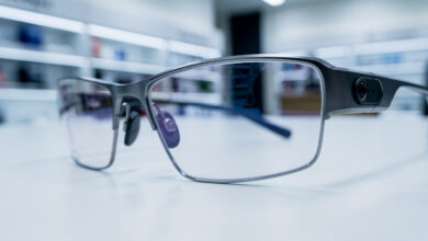 Smart glasses with embedded camera lens on desk, close-up detail shot