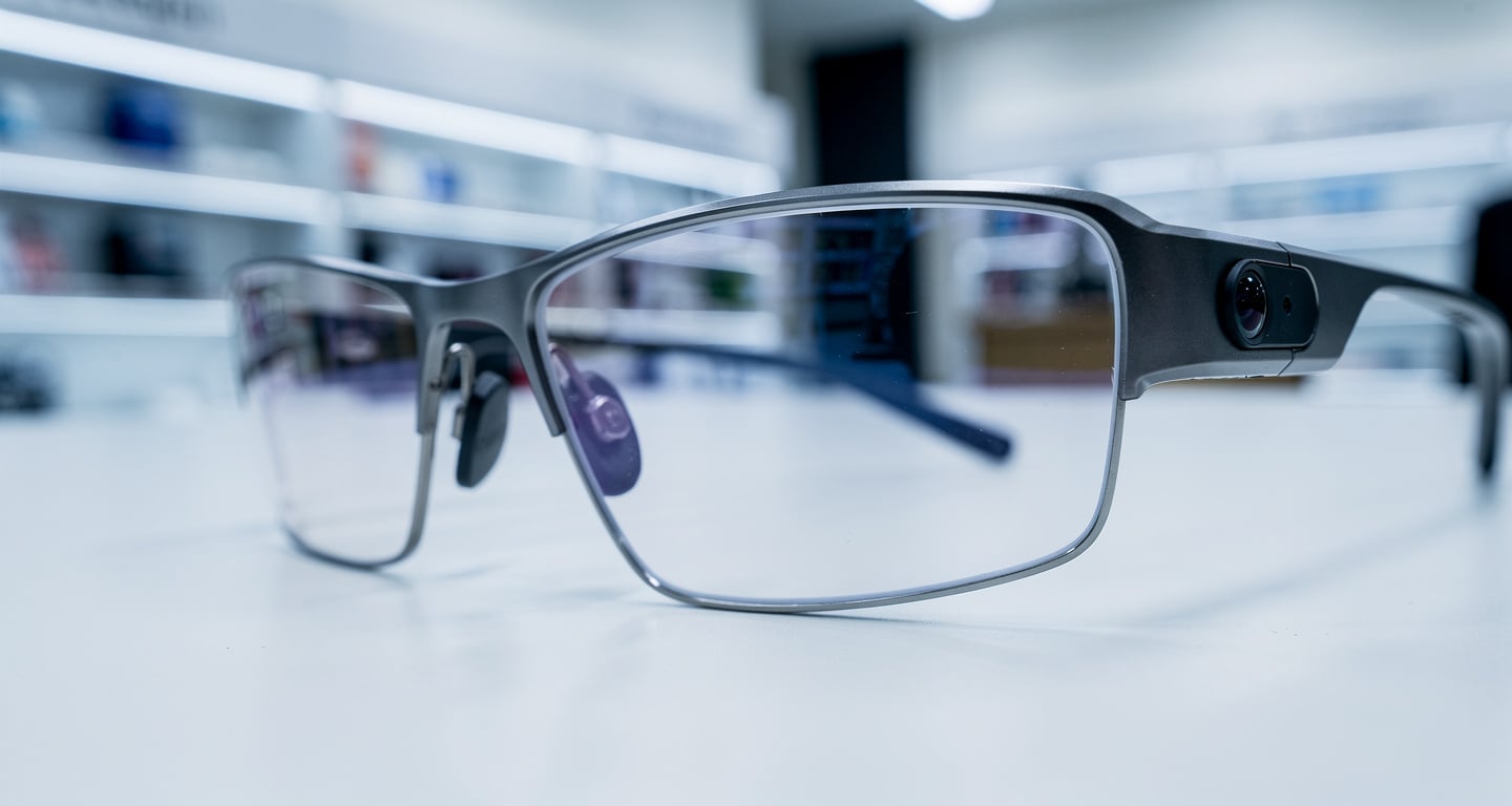 Smart glasses with embedded camera lens on desk, close-up detail shot