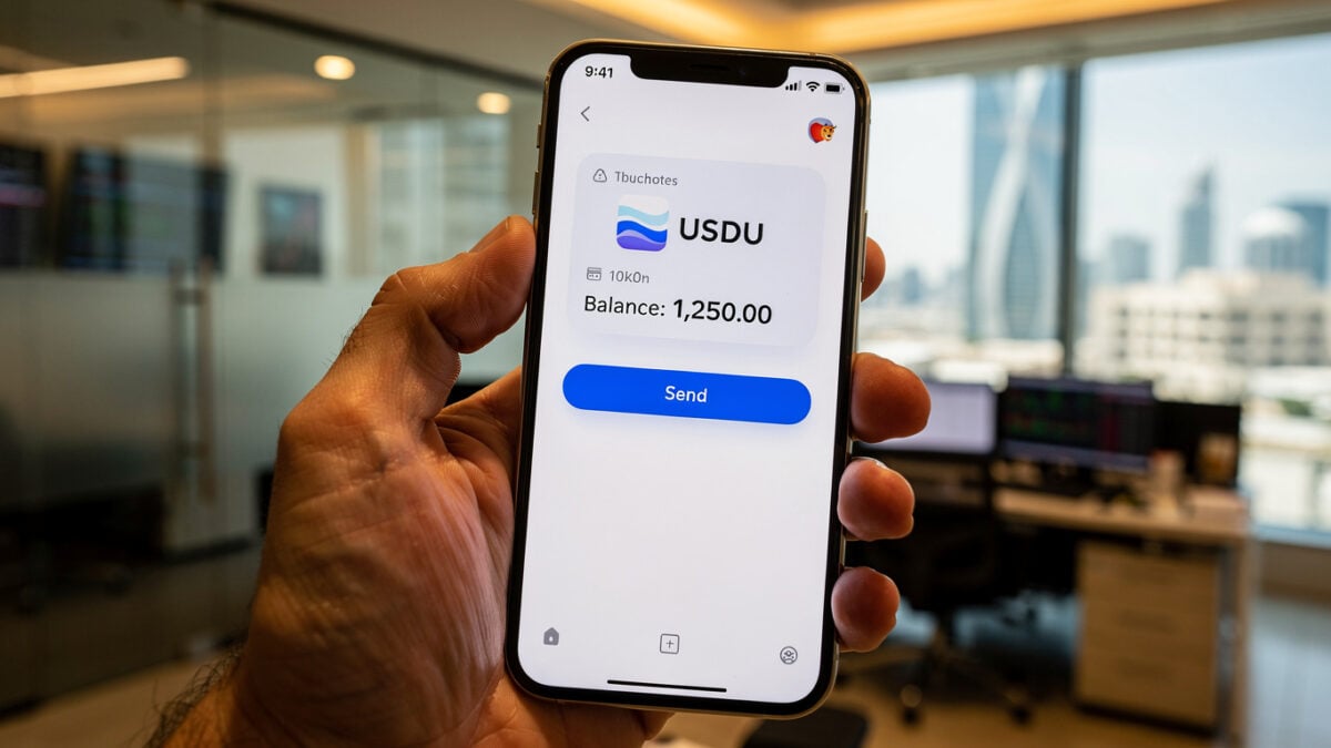 Smartphone displaying USDU stablecoin balance in digital wallet interface, Abu Dhabi office setting