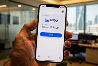 Smartphone displaying USDU stablecoin balance in digital wallet interface, Abu Dhabi office setting