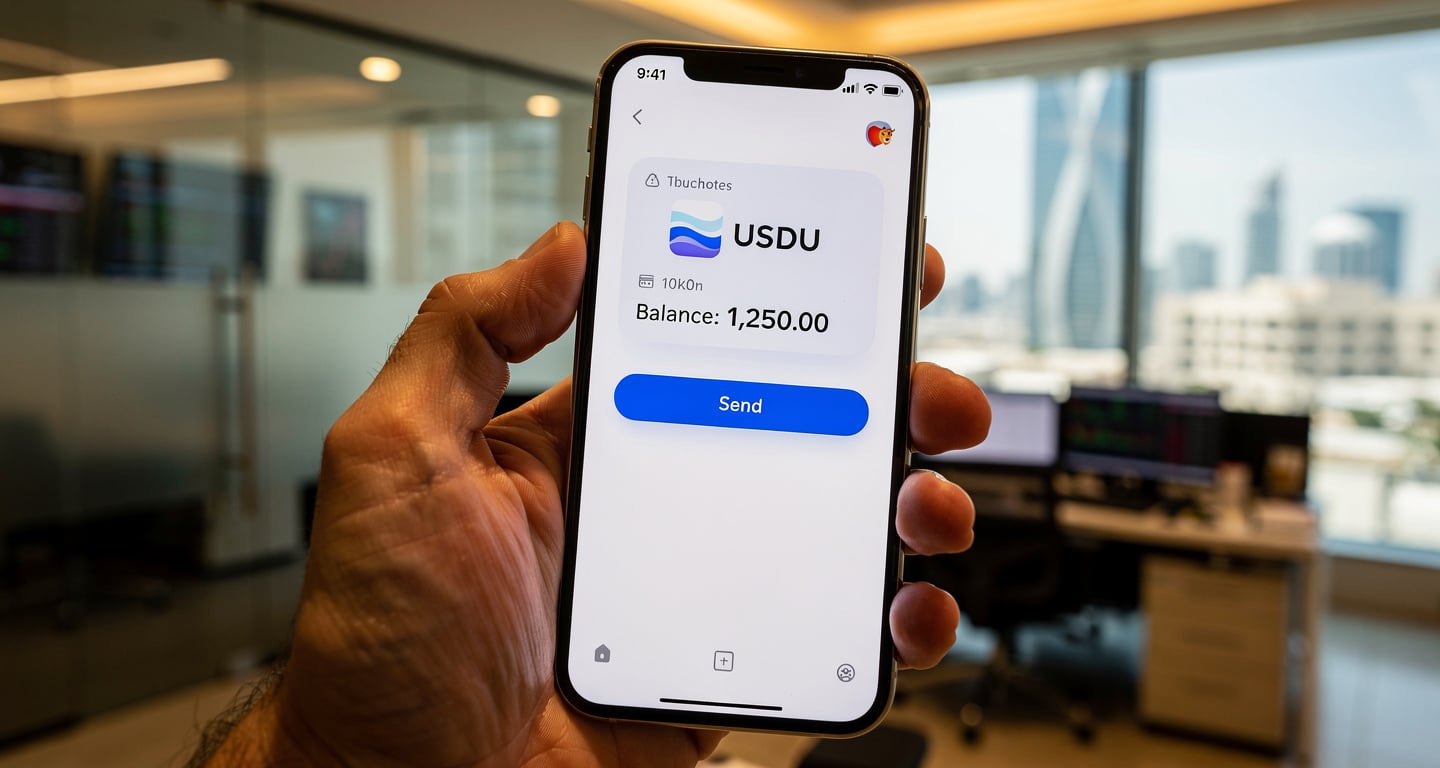 Smartphone displaying USDU stablecoin balance in digital wallet interface, Abu Dhabi office setting