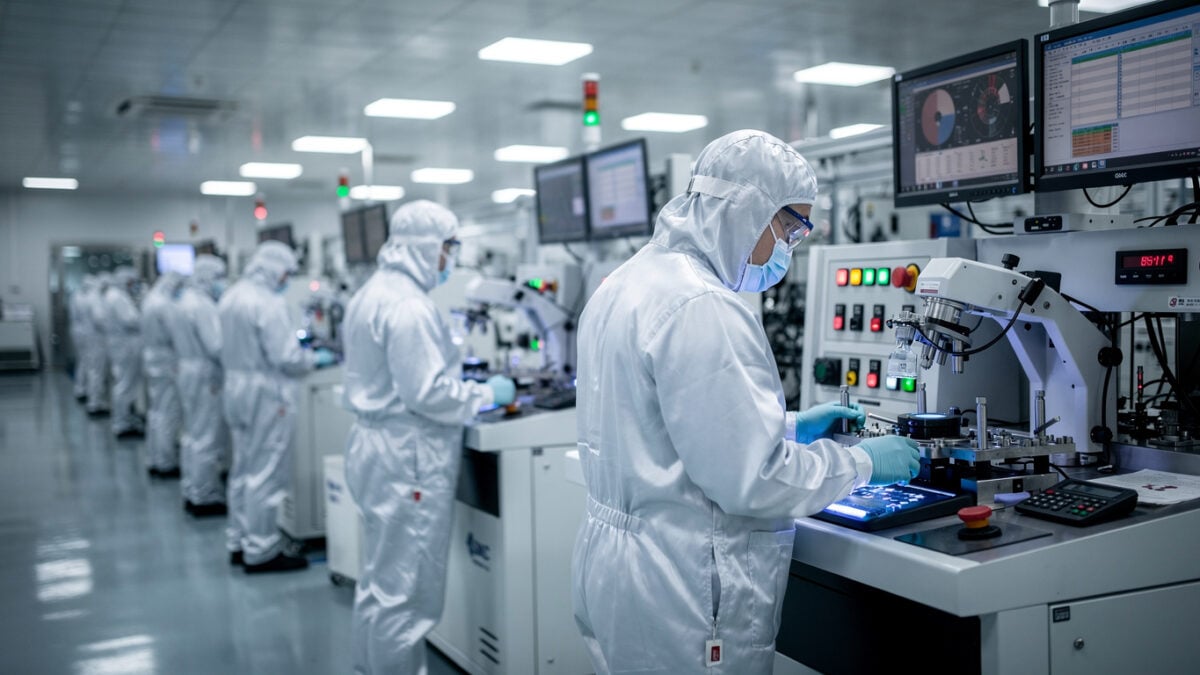 SMIC fab workers in cleanroom monitoring advanced wafer processing equipment, Shanghai semiconductor facility