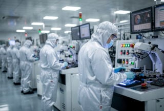 SMIC fab workers in cleanroom monitoring advanced wafer processing equipment, Shanghai semiconductor facility