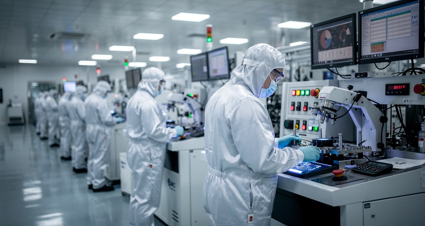SMIC fab workers in cleanroom monitoring advanced wafer processing equipment, Shanghai semiconductor facility