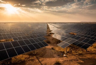 Solar panel array in Rajasthan, India under partly cloudy sky at midday