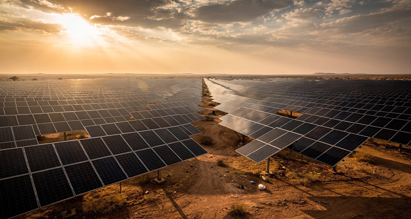 Solar panel array in Rajasthan, India under partly cloudy sky at midday