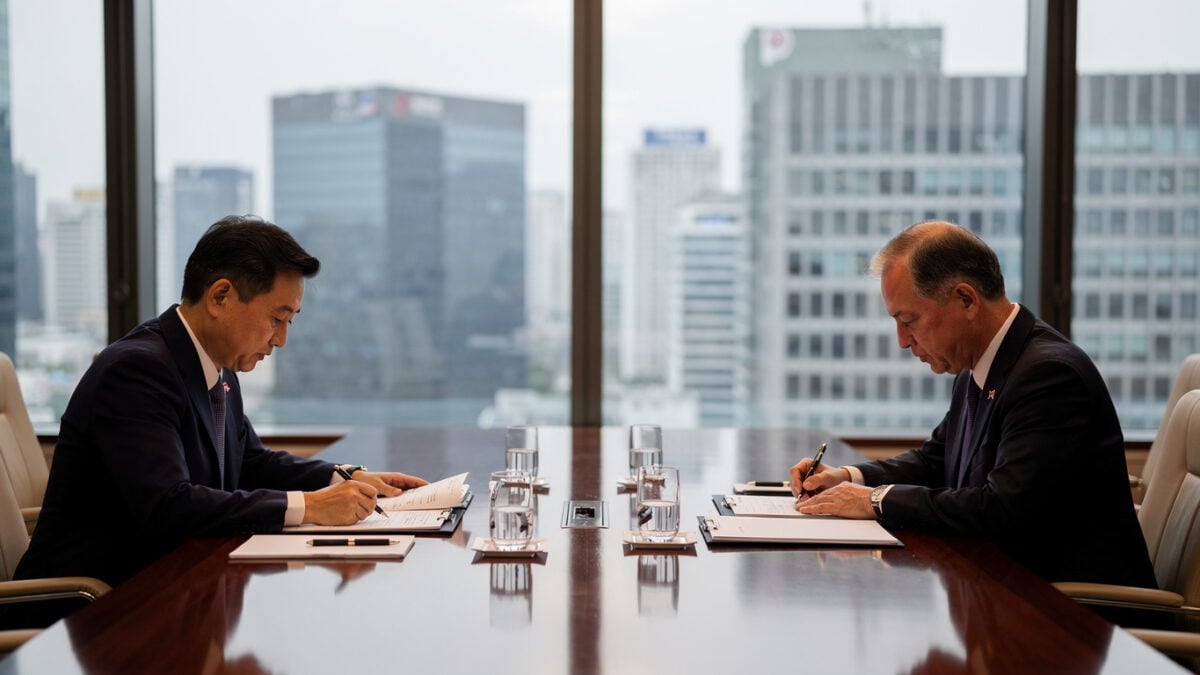 South Korean and U.S. defense ministers at bilateral meeting table in Seoul, reviewing documents