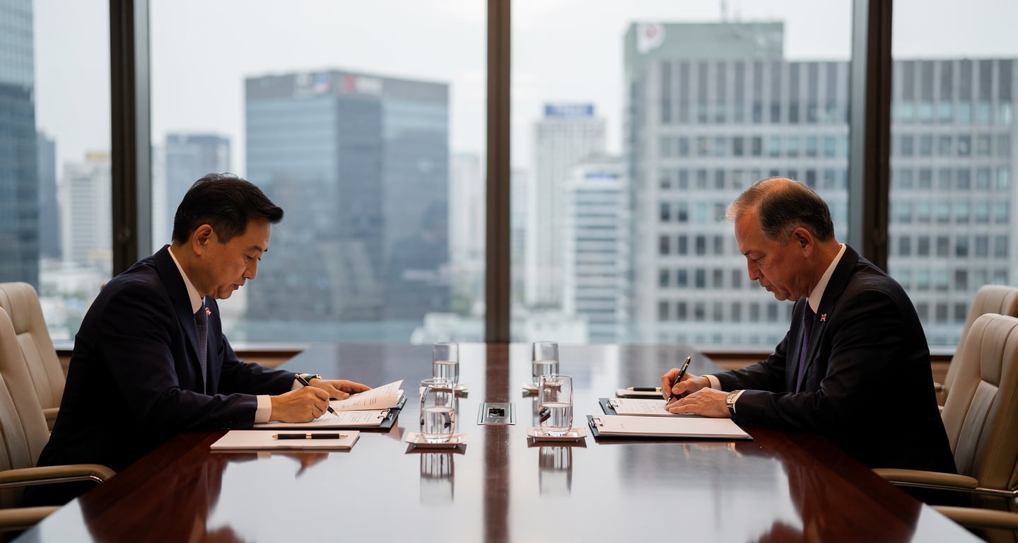 South Korean and U.S. defense ministers at bilateral meeting table in Seoul, reviewing documents