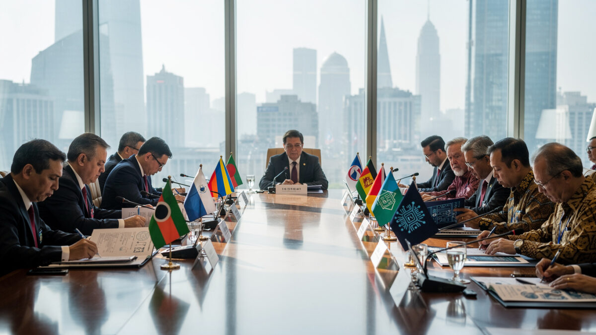 Southeast Asian officials reviewing AI framework documents at Shanghai diplomatic conference, formal setting