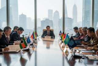 Southeast Asian officials reviewing AI framework documents at Shanghai diplomatic conference, formal setting