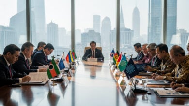 Southeast Asian officials reviewing AI framework documents at Shanghai diplomatic conference, formal setting