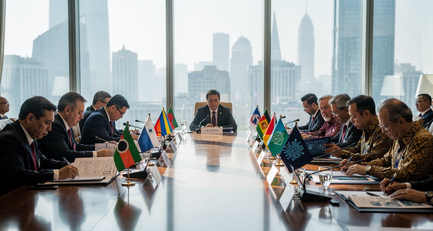 Southeast Asian officials reviewing AI framework documents at Shanghai diplomatic conference, formal setting