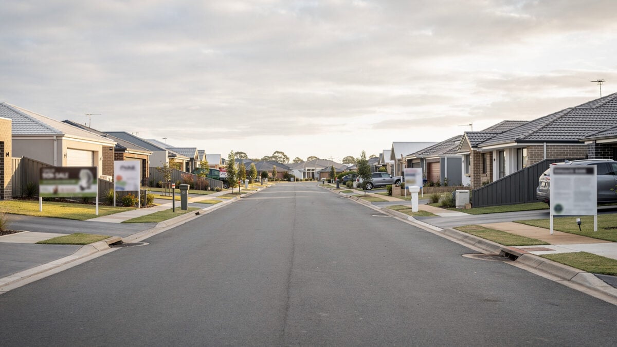 Suburban street with residential homes and for-sale signs, Brisbane, Australia