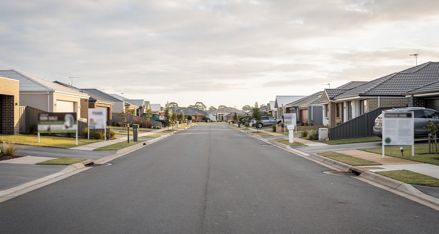 Suburban street with residential homes and for-sale signs, Brisbane, Australia
