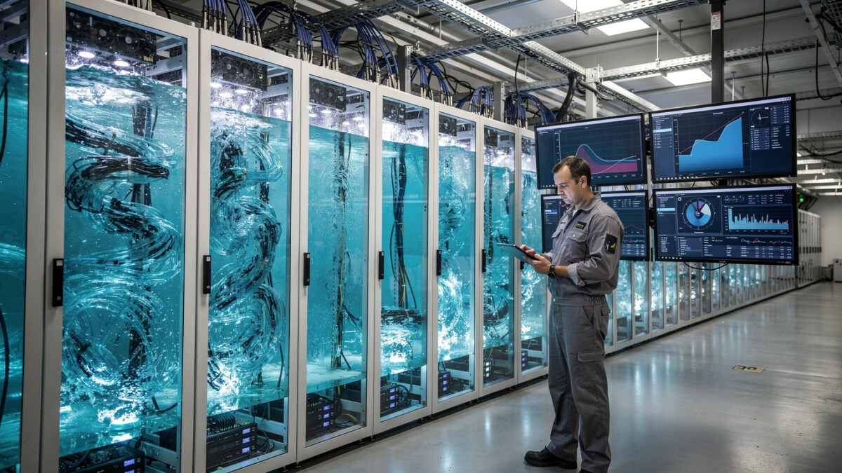 Technician monitoring immersion-cooled GPU servers in dielectric fluid under overhead lighting, Melbourne data centre