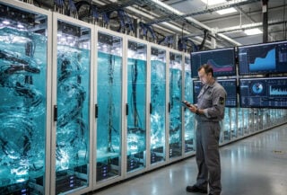 Technician monitoring immersion-cooled GPU servers in dielectric fluid under overhead lighting, Melbourne data centre