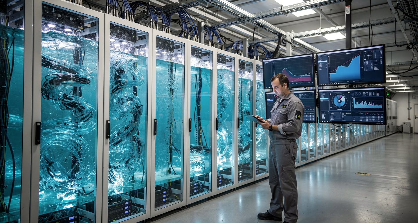 Technician monitoring immersion-cooled GPU servers in dielectric fluid under overhead lighting, Melbourne data centre