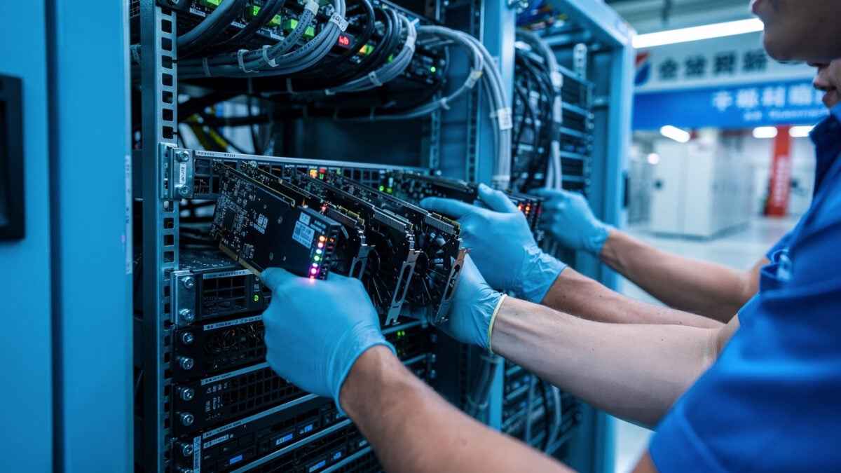 Technicians installing Nvidia H200 accelerators into server racks in Beijing data center