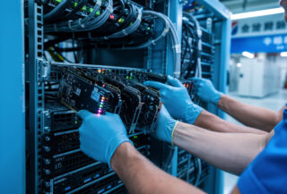 Technicians installing Nvidia H200 accelerators into server racks in Beijing data center