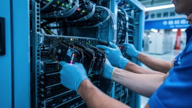 Technicians installing Nvidia H200 accelerators into server racks in Beijing data center