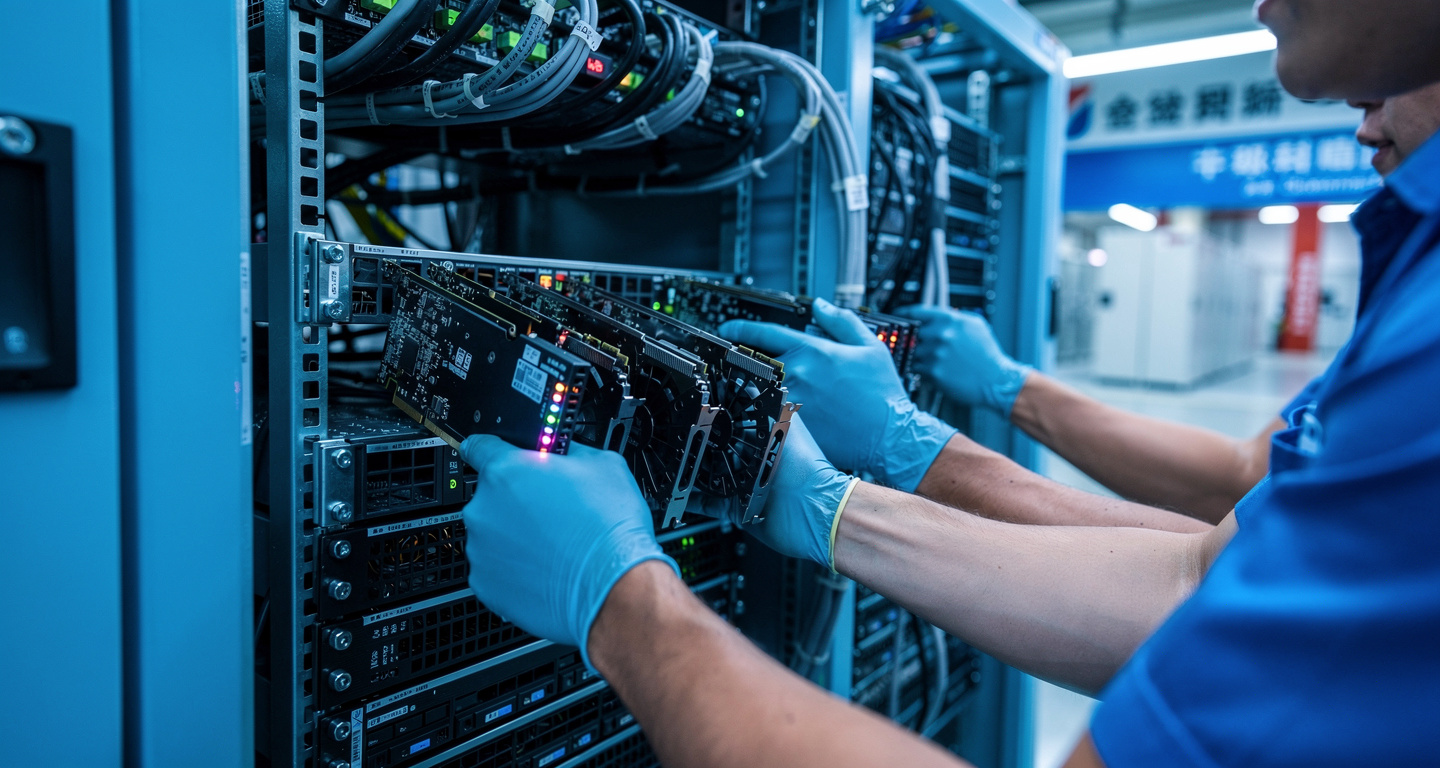 Technicians installing Nvidia H200 accelerators into server racks in Beijing data center