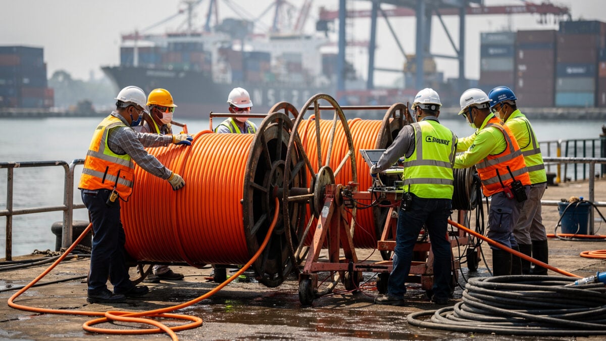 Technicians installing submarine fiber cable at Jakarta port, orange spools and industrial equipment visible
