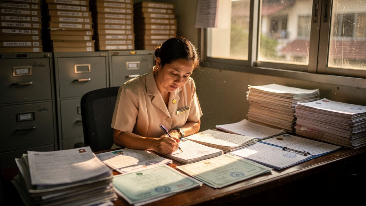 Thai civil registration officer examining birth certificates at Bangkok registration office desk with filing cabinets