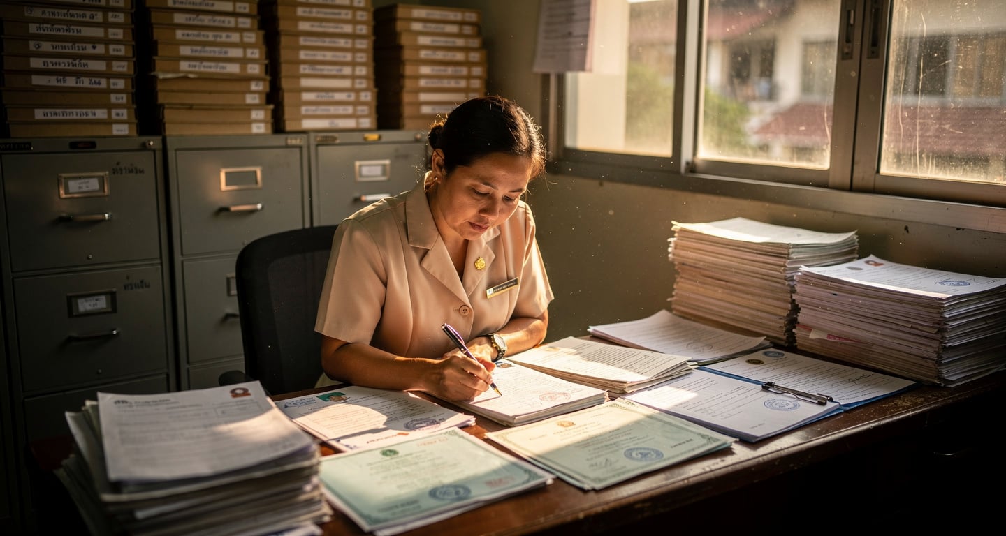 Thai civil registration officer examining birth certificates at Bangkok registration office desk with filing cabinets