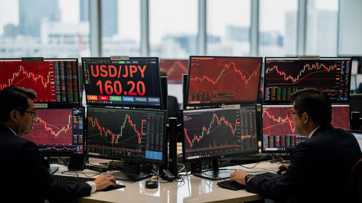Tokyo currency traders watching USD/JPY spike past 160 on dealing room screens, mid-morning light