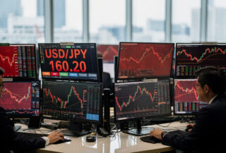 Tokyo currency traders watching USD/JPY spike past 160 on dealing room screens, mid-morning light
