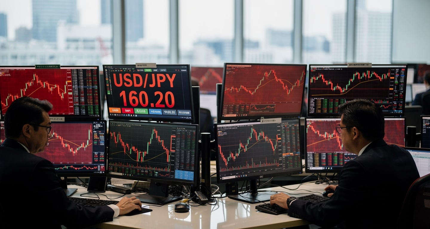 Tokyo currency traders watching USD/JPY spike past 160 on dealing room screens, mid-morning light