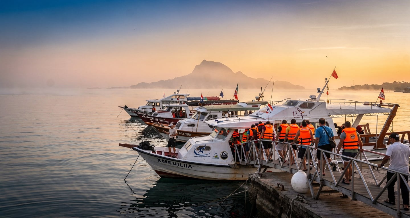Tourist boats loading passengers at Marina Labuan Bajo, Komodo island in background, dawn light