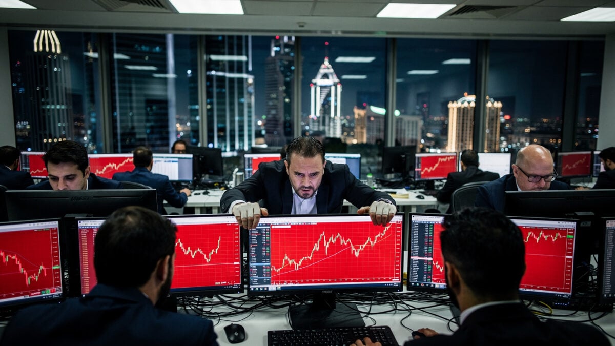 Traders reacting to sharp market decline on red-lit screens in Dubai trading floor